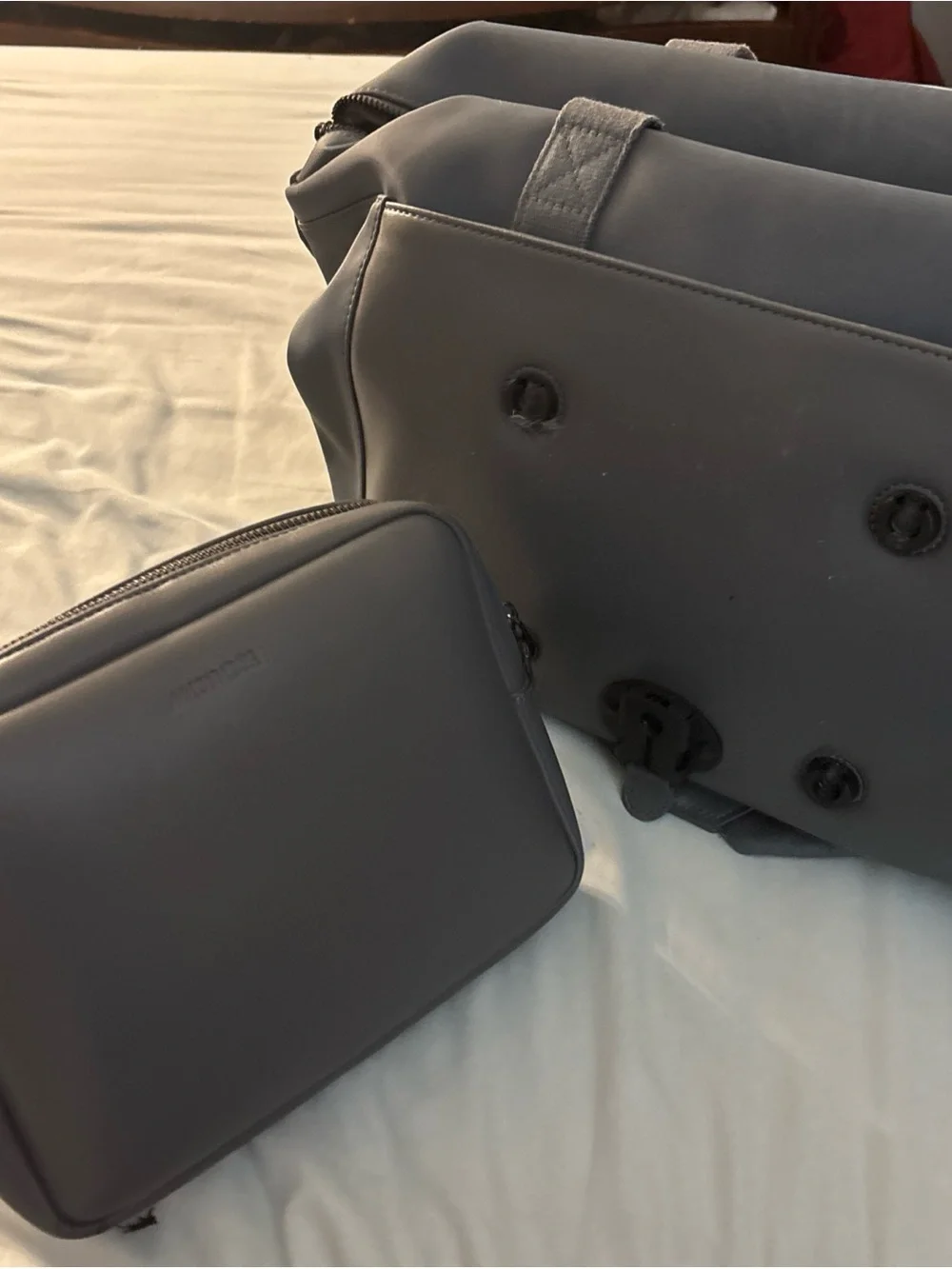 Monos Metro Duffel Bag Dove Gray Blue Weekender Carry On Vegan Leather Trolley